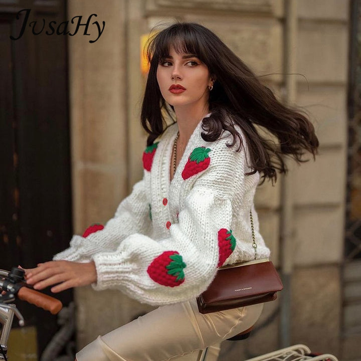 JuSaHy Maglioni cardigan natalizi con decorazione elegante a forma di fragola per le donne Cappotto monopetto allentato con scollo a V da ragazza Nuovo - Gufetto Brand