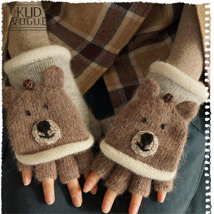 Mori Girl Lolita Kawaii Mezze Dita Cartoon Lovely Bear Lion Guanti di lana invernali Caldi - Gufetto Brand