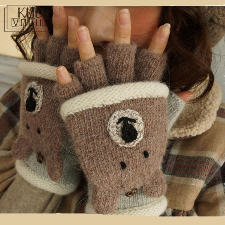 Mori Girl Lolita Kawaii Mezze Dita Cartoon Lovely Bear Lion Guanti di lana invernali Caldi - Gufetto Brand