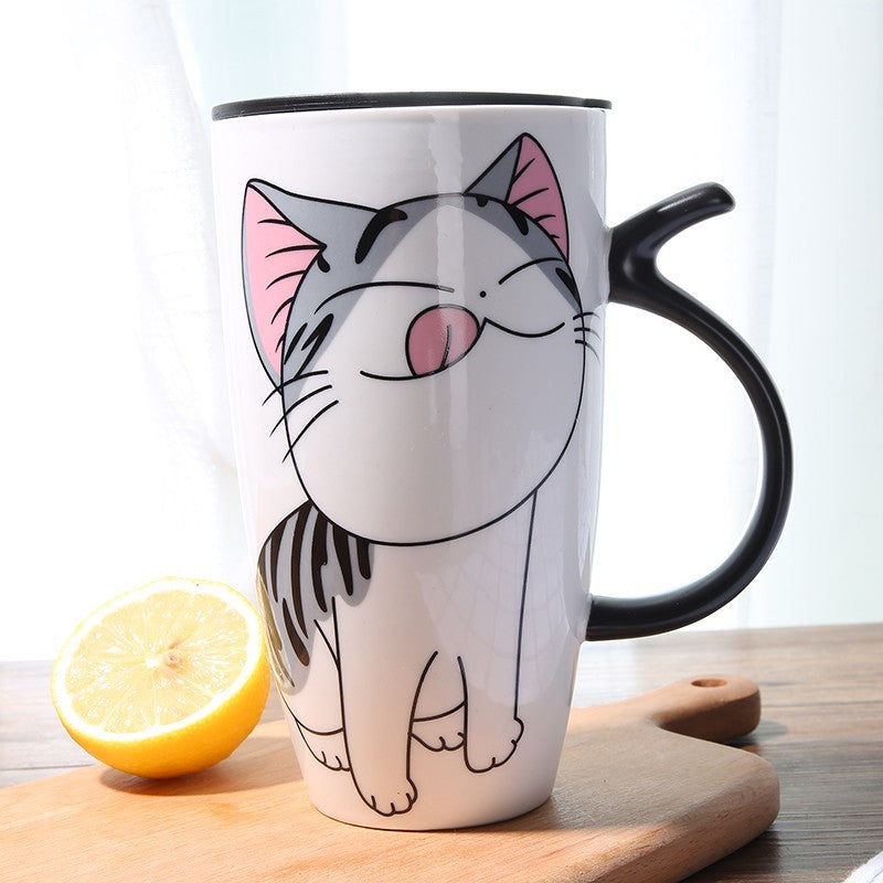 Tazza da caffè in ceramica simpatico gatto con coperchio Tazze per animali di grande capacità da 600 ml Bicchieri creativi Caffè Tazze da tè Regali novità Tazza di latte - Gufetto Brand 