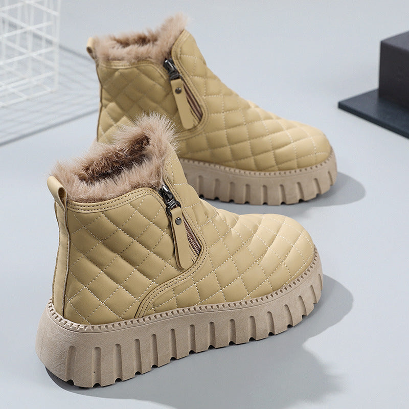 Stivaletti con plateau con motivo scozzese da donna Stivali da neve foderati in peluche con cerniera laterale casual Stivali corti invernali comodi - Gufetto Brand 