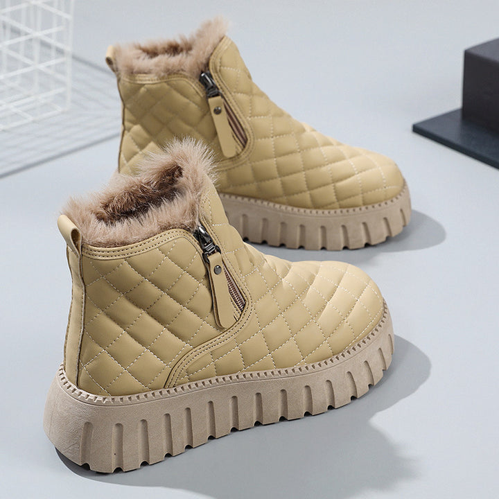 Stivaletti con plateau con motivo scozzese da donna Stivali da neve foderati in peluche con cerniera laterale casual Stivali corti invernali comodi - Gufetto Brand 