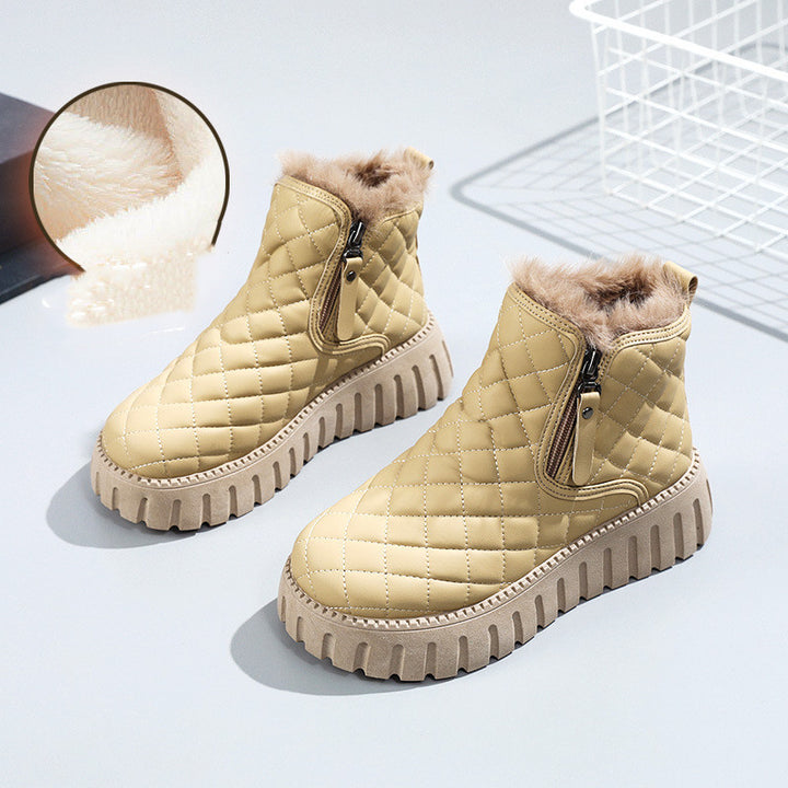 Stivaletti con plateau con motivo scozzese da donna Stivali da neve foderati in peluche con cerniera laterale casual Stivali corti invernali comodi - Gufetto Brand 
