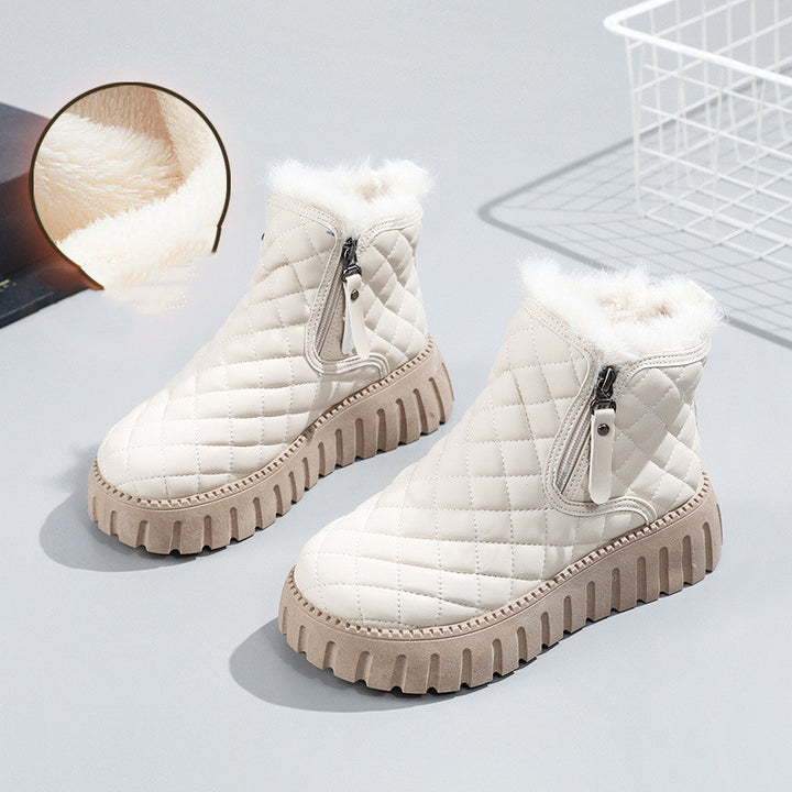Stivaletti con plateau con motivo scozzese da donna Stivali da neve foderati in peluche con cerniera laterale casual Stivali corti invernali comodi - Gufetto Brand 