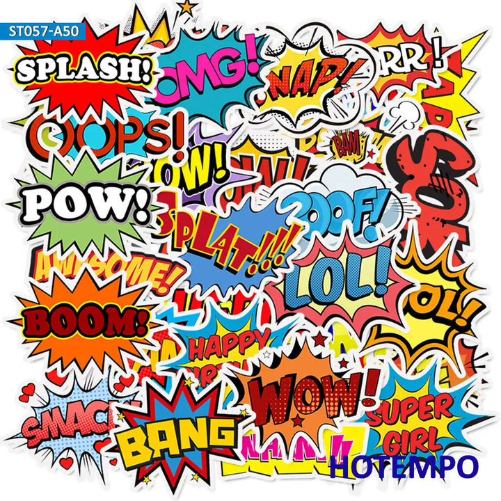 50pcs BAM POW WOW BOOM BANG OMG OOP Explosion Cloud Style Anime Slogan Stickers Pack for Phone Laptop Luggage Skateboard Sticker - Gufetto Brand 