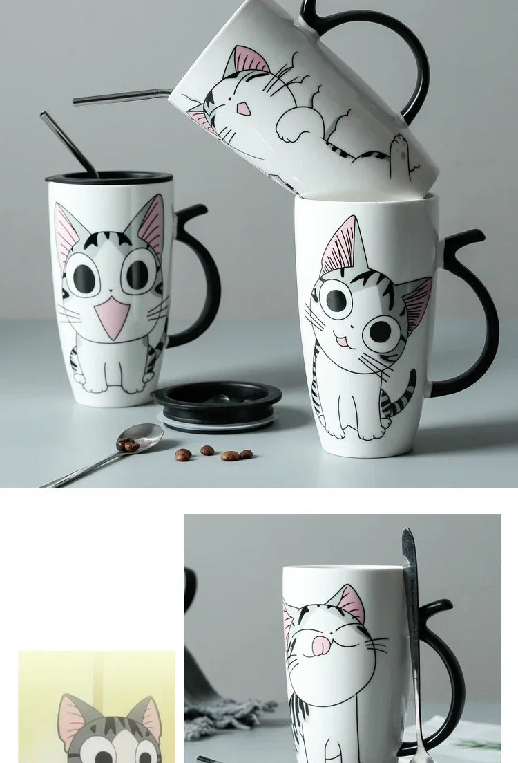 Tazza da caffè in ceramica per gatti carini da 600 ml con coperchio
