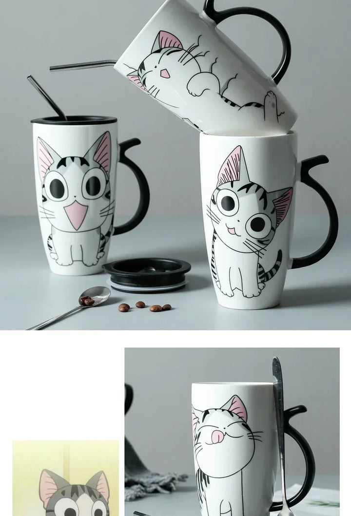 Tazza da caffè in ceramica per gatti carini da 600 ml con coperchio