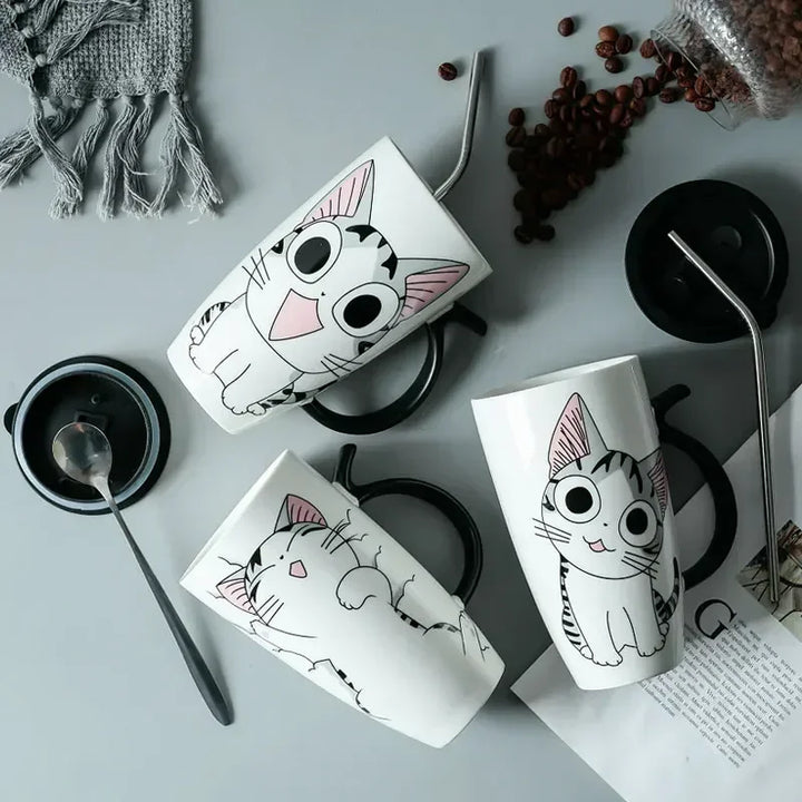 Tazza da caffè in ceramica per gatti carini da 600 ml con coperchio