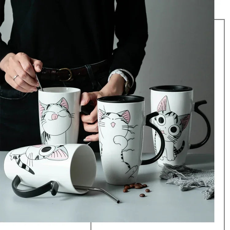Tazza da caffè in ceramica per gatti carini da 600 ml con coperchio