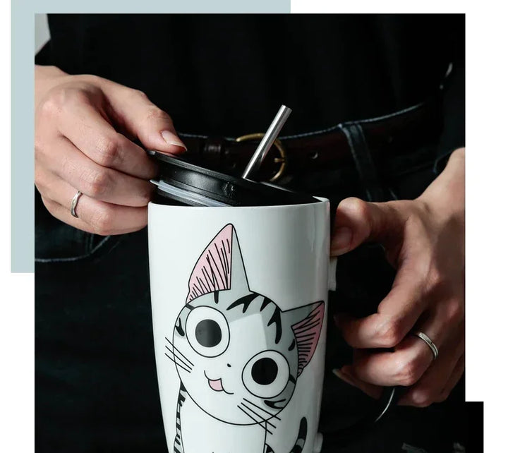 Tazza da caffè in ceramica per gatti carini da 600 ml con coperchio