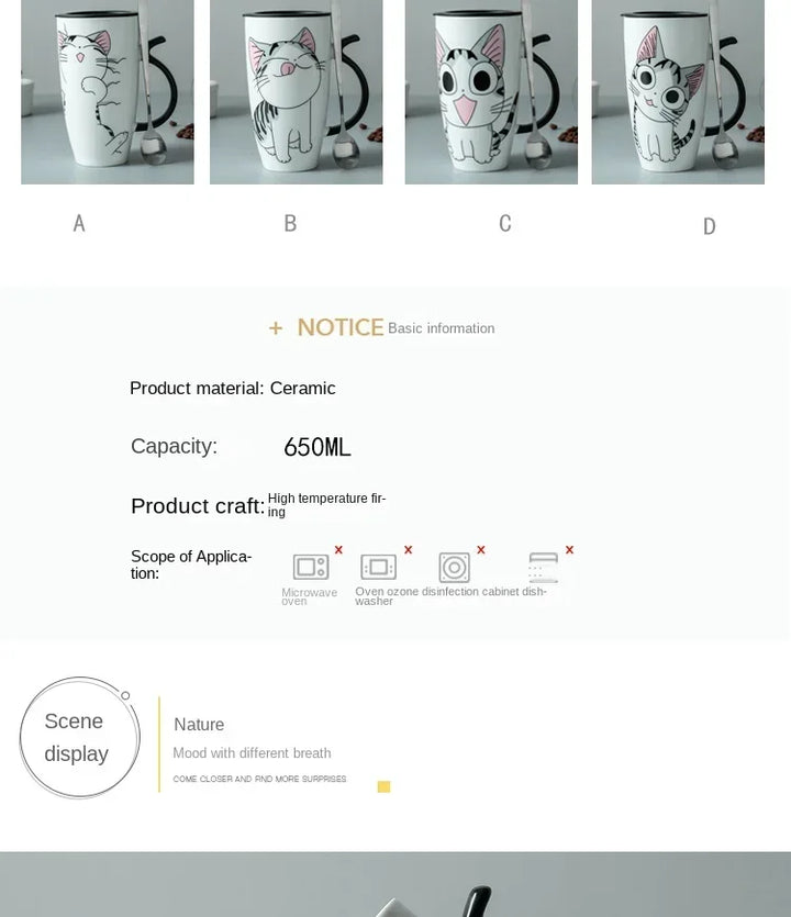 Tazza da caffè in ceramica per gatti carini da 600 ml con coperchio