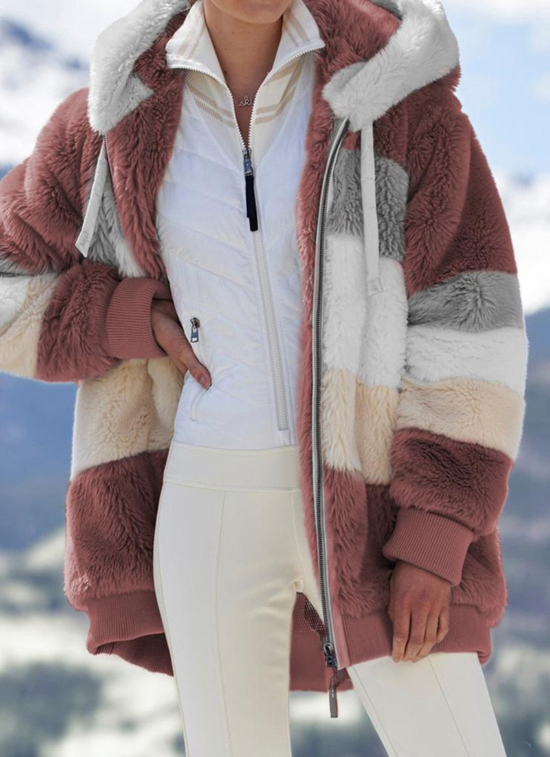 Giacca invernale da donna Moda Casual cuciture scozzesi da donna Cappotto con cerniera con cappuccio Cappotto da donna in cashmere Casacos - Gufetto Brand 