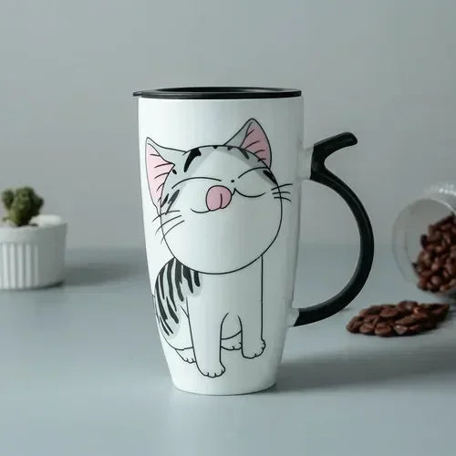 Tazza da caffè in ceramica per gatti carini da 600 ml con coperchio