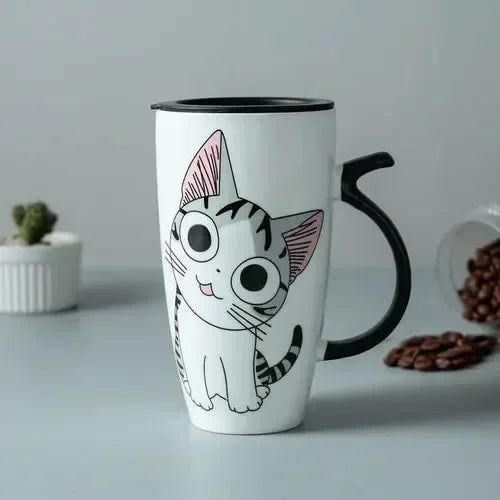 Tazza da caffè in ceramica per gatti carini da 600 ml con coperchio