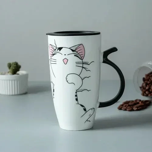Tazza da caffè in ceramica per gatti carini da 600 ml con coperchio
