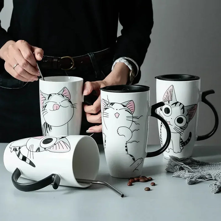 Tazza da caffè in ceramica per gatti carini da 600 ml con coperchio