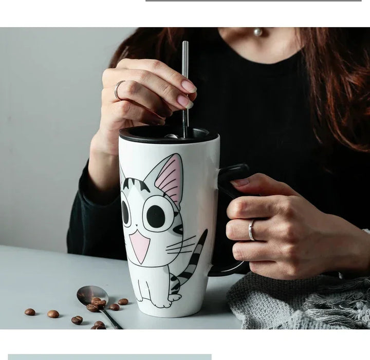 Tazza da caffè in ceramica per gatti carini da 600 ml con coperchio