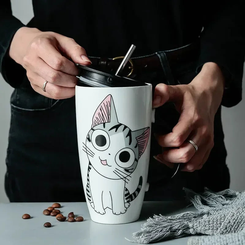 Tazza da caffè in ceramica per gatti carini da 600 ml con coperchio