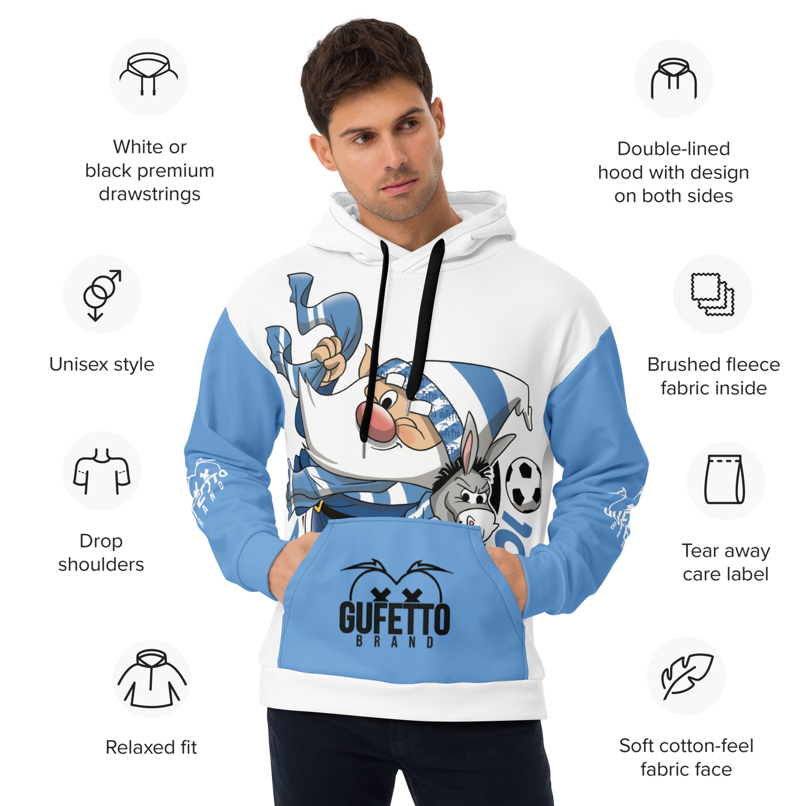 Felpa con cappuccio Uomo/Donna BIANCO AZZURROLO - Gufetto Brand 