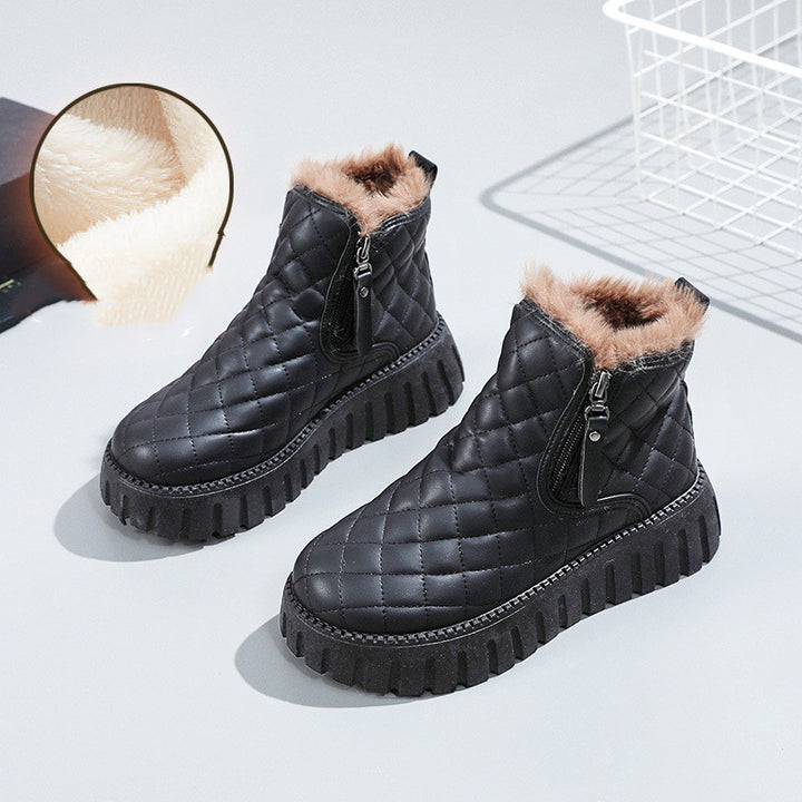 Stivaletti con plateau con motivo scozzese da donna Stivali da neve foderati in peluche con cerniera laterale casual Stivali corti invernali comodi - Gufetto Brand 