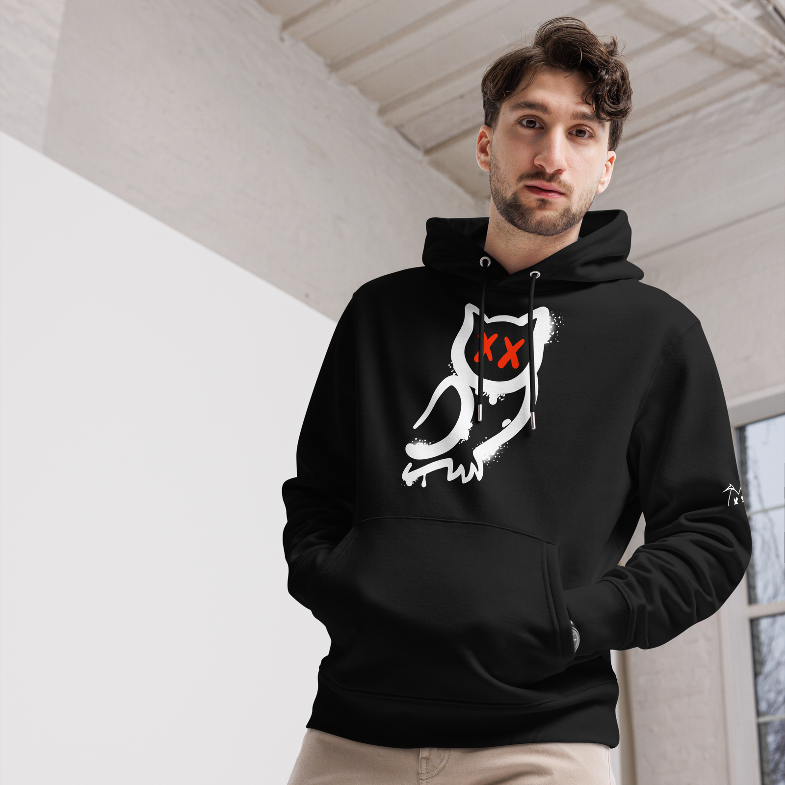 Felpa con cappuccio ecologica classica unisex GUFETTO 1 BIANCO OCCHI ROSSI - Gufetto Brand 