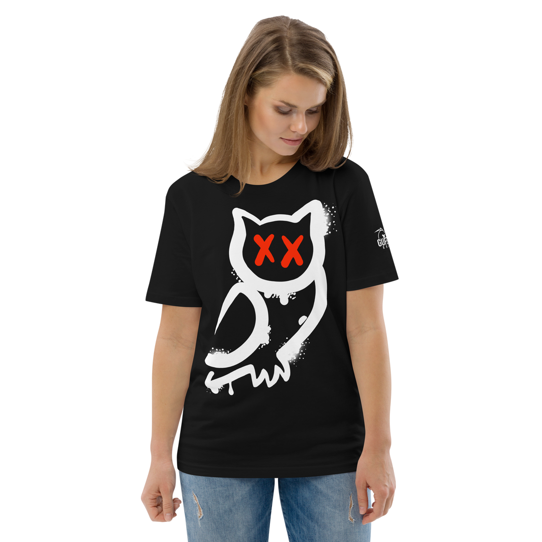 Maglietta in cotone organico unisex GUFETTO 1 BIANCO OCCHI ROSSI - Gufetto Brand 