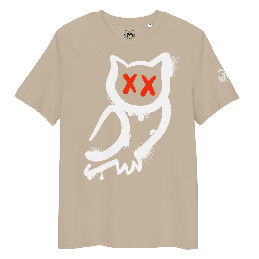 Maglietta in cotone organico unisex GUFETTO 1 BIANCO OCCHI ROSSI - Gufetto Brand 