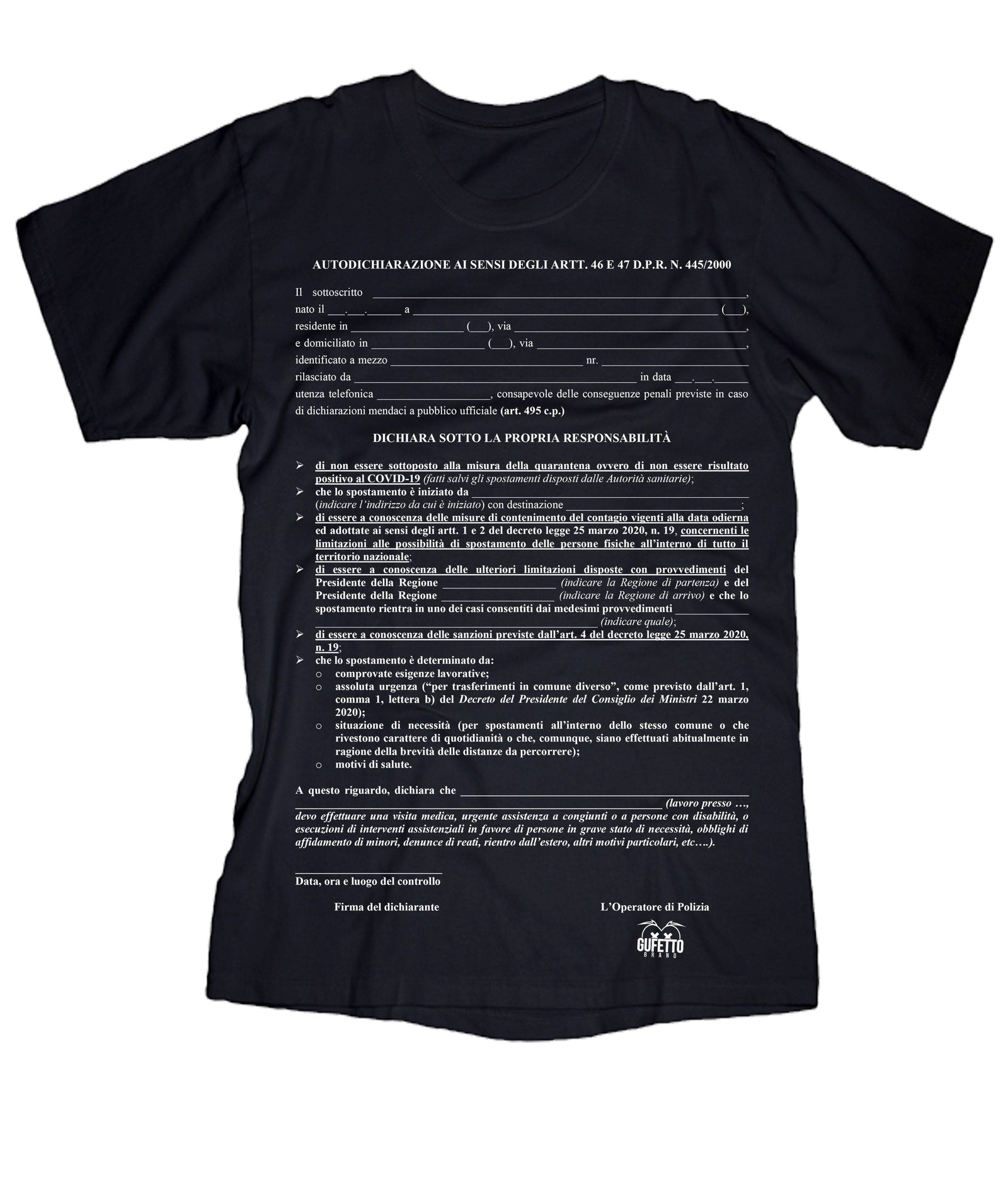 T-shirt Uomo Autocertificazione  Outlet - Gufetto Brand 